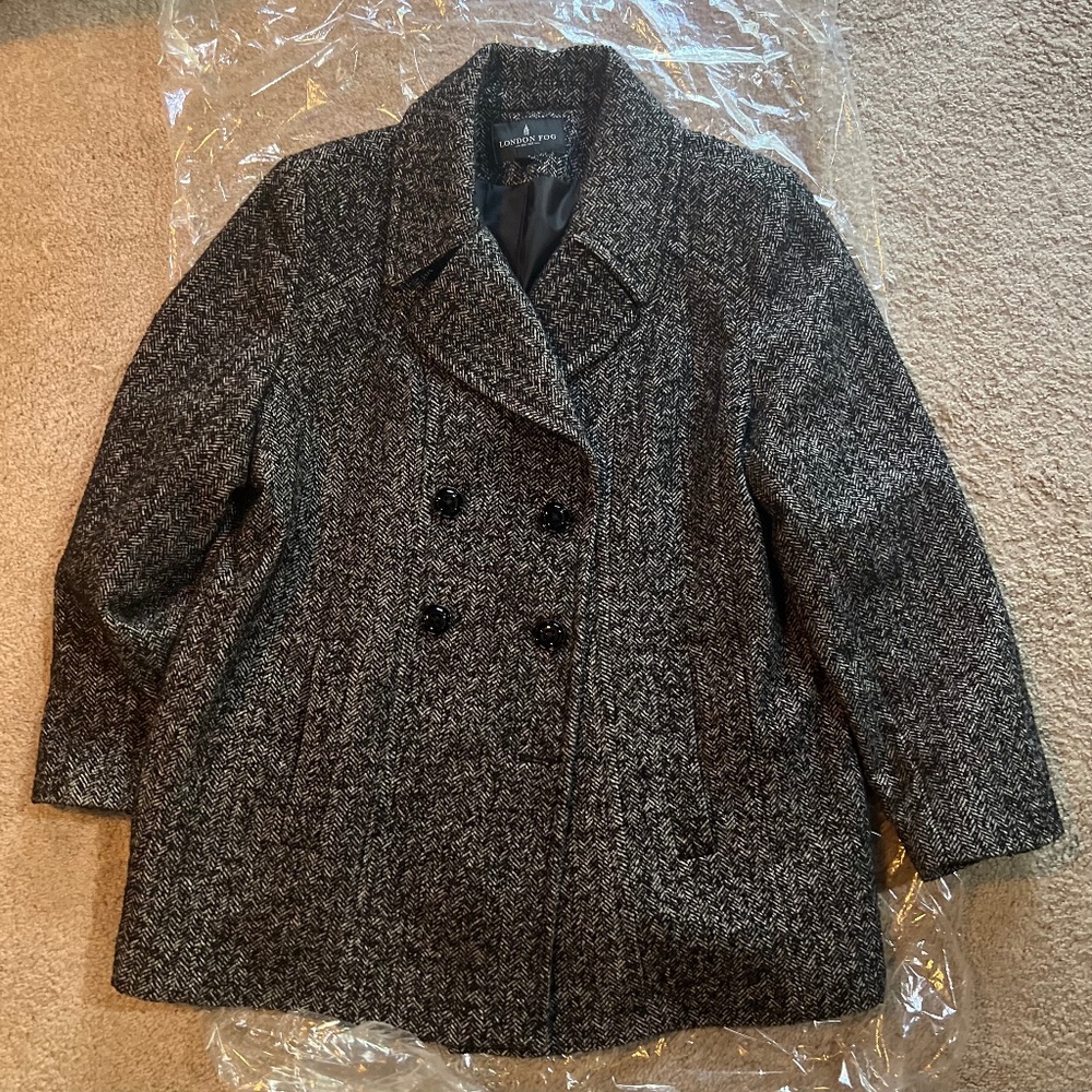 London Fog Black Tweed Double Breasted Pea Coat Wool Blend - size XXL